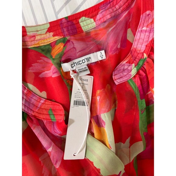 NWT Chicos Blouse Womens Size 3 L Georgette Flame Red Fiesta Floral Top Button n - Picture 3 of 10